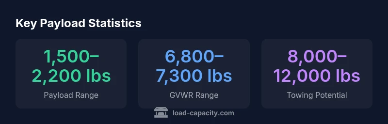 Statistical infographic showing payload, GVWR, and towing ranges for the Toyota Tundra