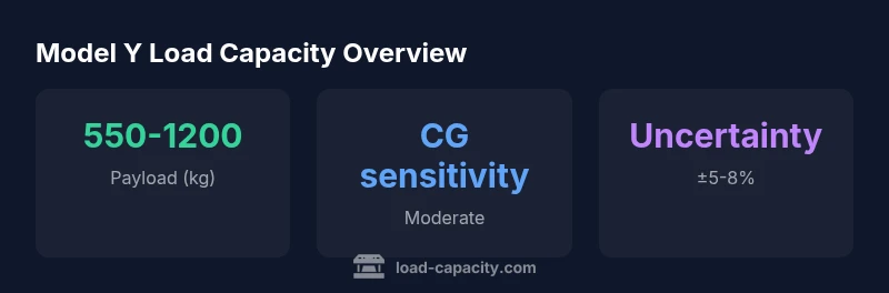 Infographic showing payload ranges, CG sensitivity, and uncertainty for Model Y load capacity