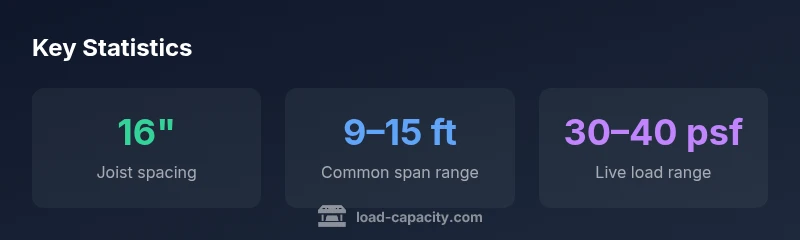 A visual infographic showing joist spacing, typical span, and live load ranges for 2x10 floor joists