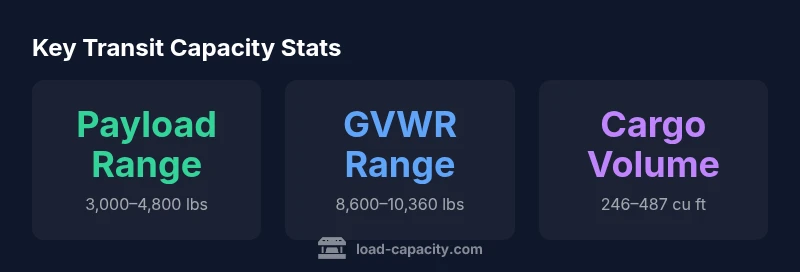 Infographic showing Ford Transit payload, GVWR, and cargo volume ranges