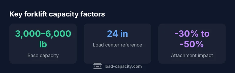Infographic showing forklift load capacity ranges, load center, and attachment effects.