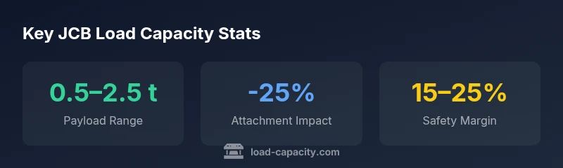 JCB load capacity infographic showing payload ranges, attachment impact, and safety margins