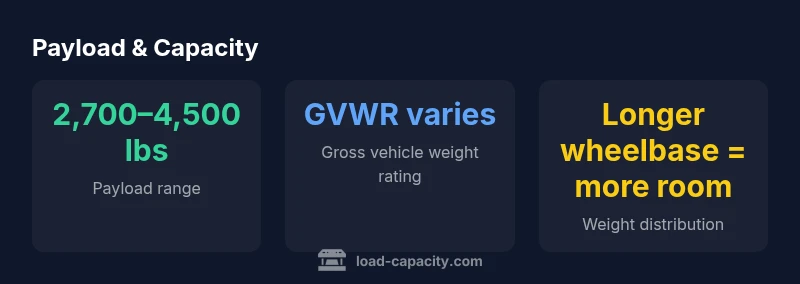 Infographic showing payload ranges and factors for Ford cargo van