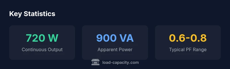 Stats infographic showing continuous output, apparent power, and power factor range for a 900VA inverter