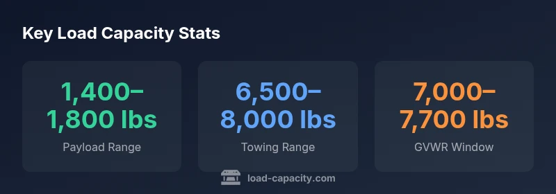 Tailwind-styled infographic showing Land Cruiser payload, towing, and GVWR ranges
